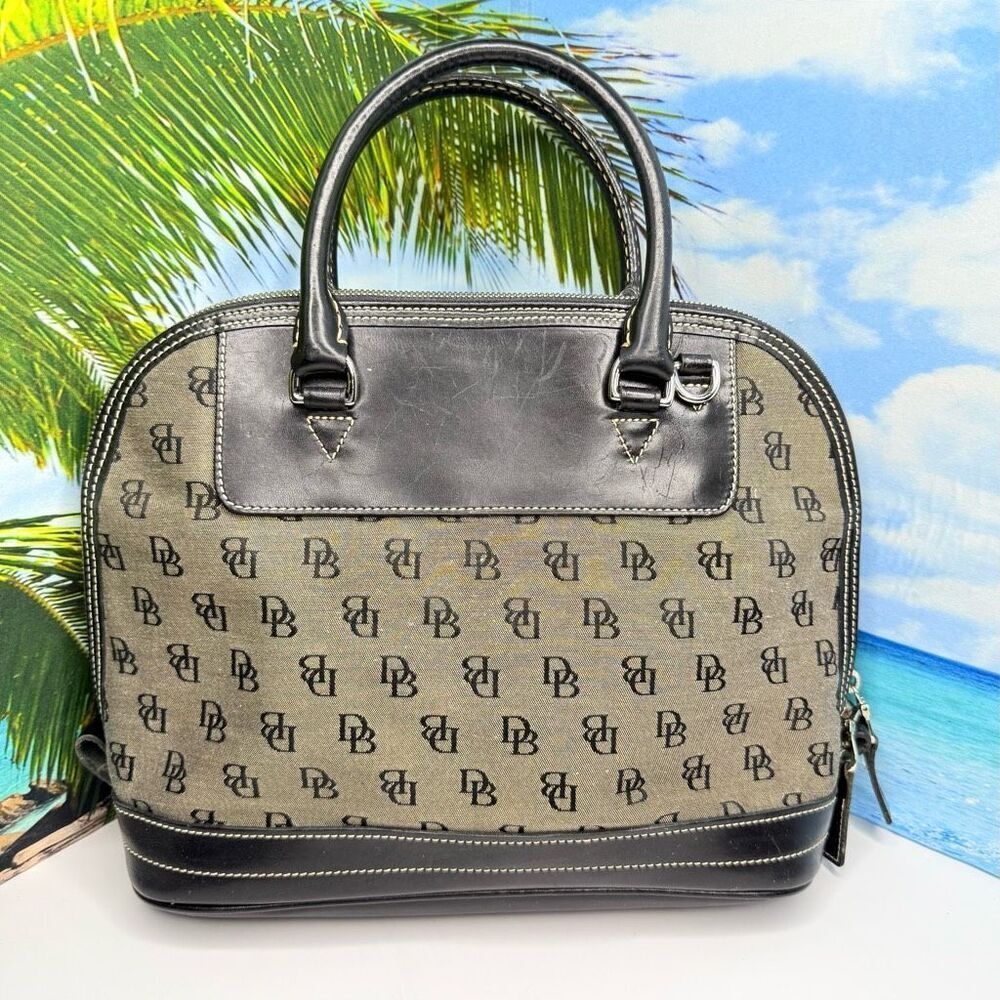 Vintage Dooney & Bourke Monogram Satchel Handbag Black Leather Trim USA Made